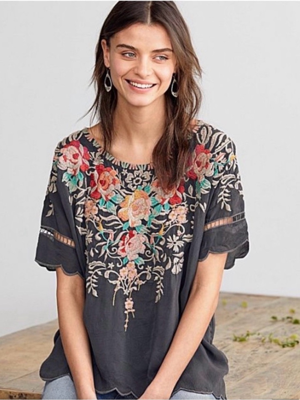Johnny Was Black Embroidered Floral Short Sleeve Top